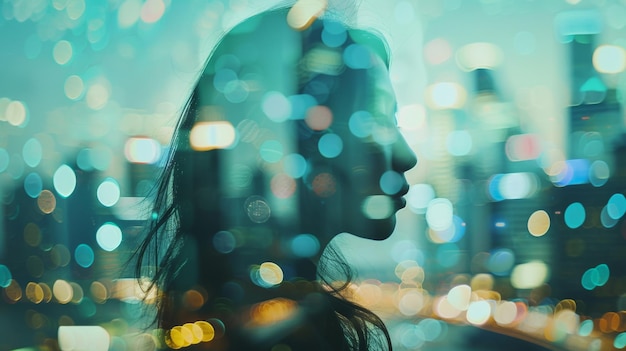 Silhouette d'une femme réfléchie contre les lumières de la ville bokeh