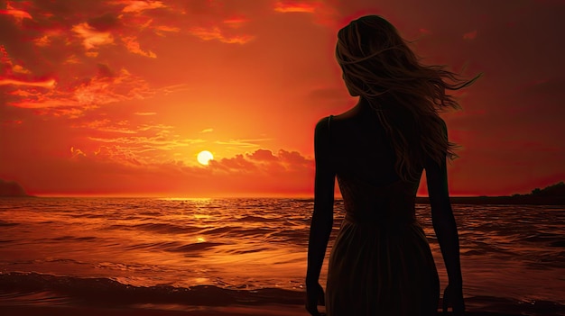 Silhouette de femme regardant le coucher du soleil sur la plage