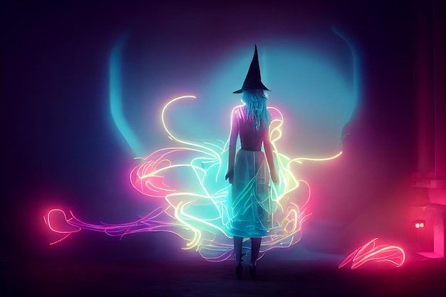 Silhouette de femme rêveuse méconnaissable avec des vapeurs de néon colorées et un réseau neuronal de chapeau de sorcière conique