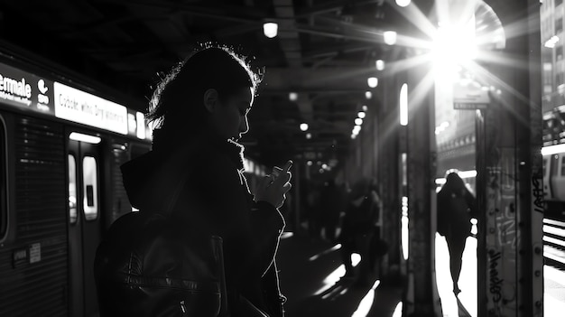 Silhouette d'une femme utilisant son téléphone en attendant le métro