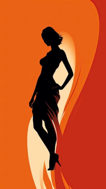 Photo une silhouette d'une femme vêtue d'une robe sur fond orange