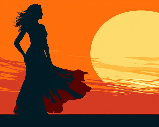 Photo silhouette d'une femme vêtue d'une robe longue au coucher du soleil