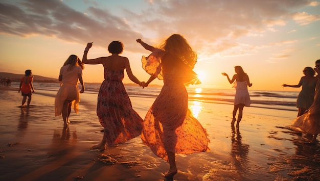 Silhouette de femmes s'amusant sur la plage de la mer