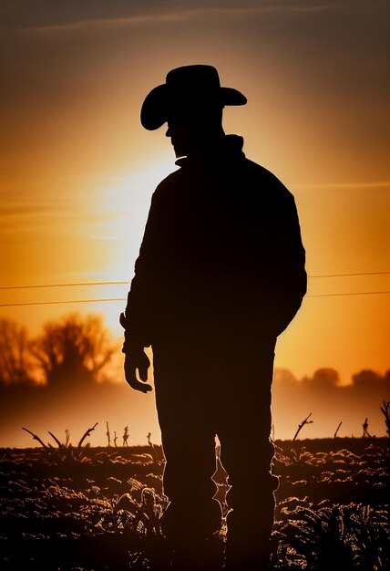 Photo silhouette d'un fermier dans un champ au coucher du soleil