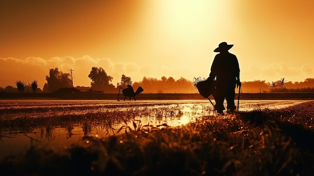 La silhouette d'un fermier qui travaille dur pour récolter sa moisson