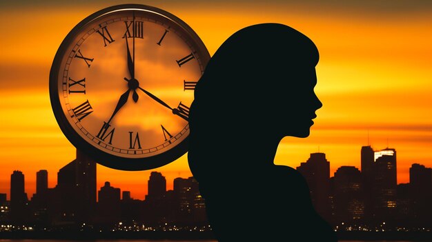 une silhouette d'une figure féminine et une horloge Generative AI