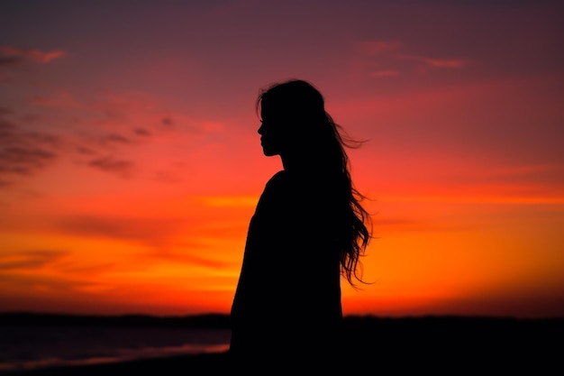 Silhouette d'une fille sur le fond de la mer ciel coucher de soleil ai générative