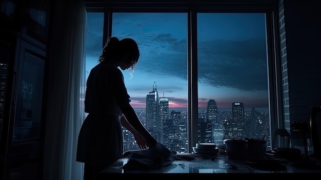 silhouette d'une fille nettoyant l'appartement la nuit