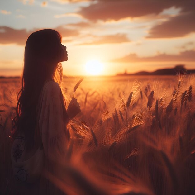 Photo silhouette d'une fille regardant le coucher de soleil dans un champ de blé