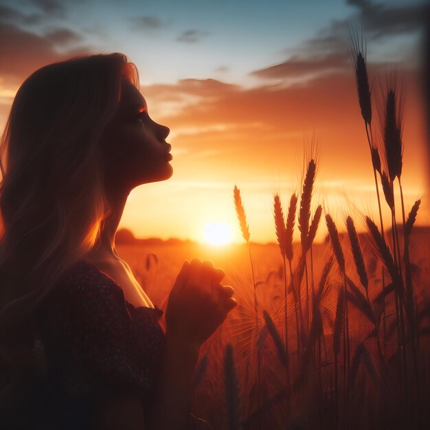 silhouette d'une fille regardant le coucher de soleil dans un champ de blé