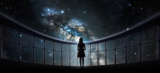 Silhouette d'une fille sur la station spatiale près de la fenêtre sur le fond de la galaxie et