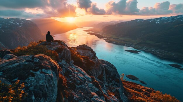 La silhouette des fjords, les drones, la lumière du soleil s'estompe, le charme côtier, le coucher de soleil détaillé et vif dans les fjords norvégiens, l'IA générative.