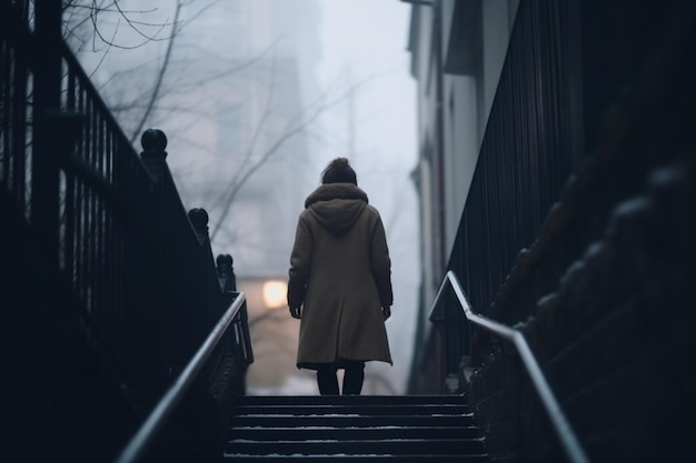 Silhouette floue de jeune femme élégante grimpant les escaliers publics de la rue de la ville en hiver