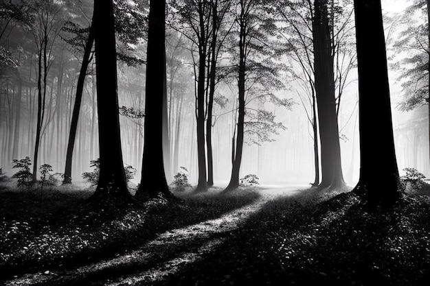 Silhouette de forêt mystérieuse scène tranquille noir et blanc