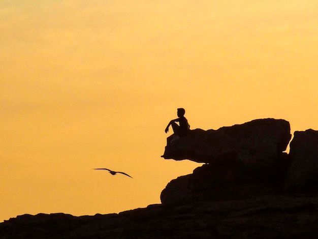 Silhouette d'un garçon assis sur un rocher avec fond de coucher de soleil orange Une mouette apparaît sur la scène