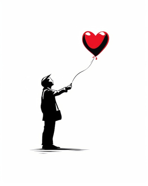 Silhouette d'un garçon avec un ballon en forme de coeur