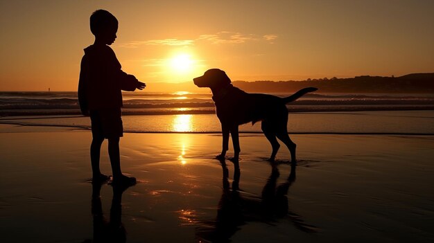 Photo silhouette d'un garçon et d'un chien jouant sur la plage au lever du soleil