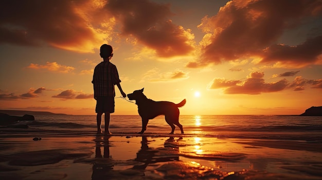 Silhouette d'un garçon et d'un chien jouant sur la plage au lever du soleil