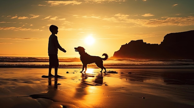 Silhouette d'un garçon et d'un chien jouant sur la plage au lever du soleil