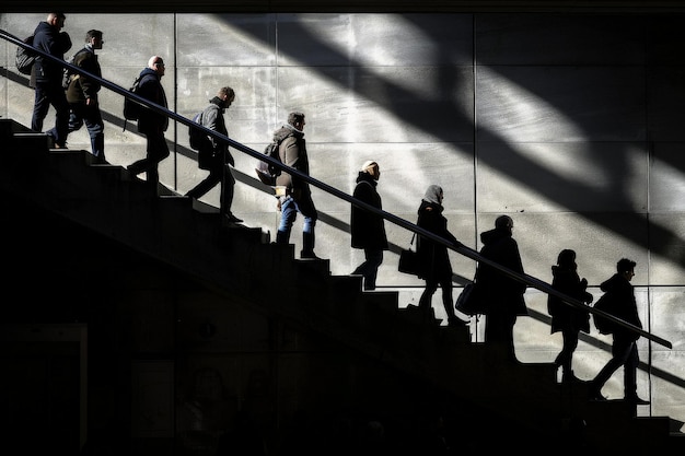 silhouette de gens bondés qui montent et descendent les escaliers