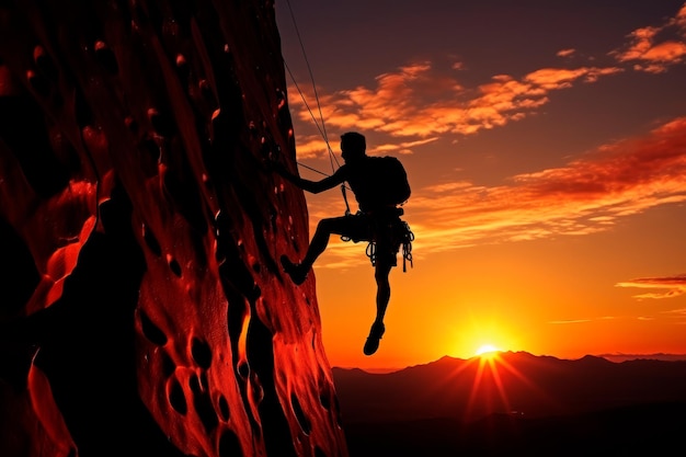 silhouette d'un grimpeur atteignant une prise sur le mur d'escalade