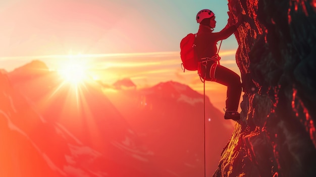 Silhouette d'un grimpeur sur une face rocheuse avec un coucher de soleil à couper le souffle en arrière-plan