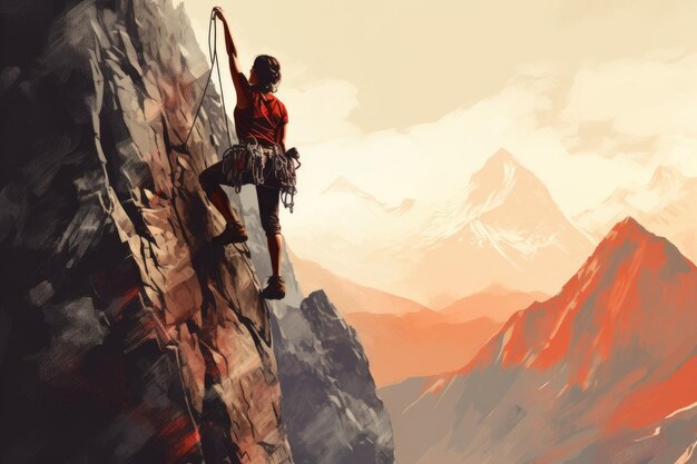 Photo silhouette d'un grimpeur sur une falaise sur fond de montagnes femme extrême grimpant sur une montagne sans visages visibles généré par l'ia