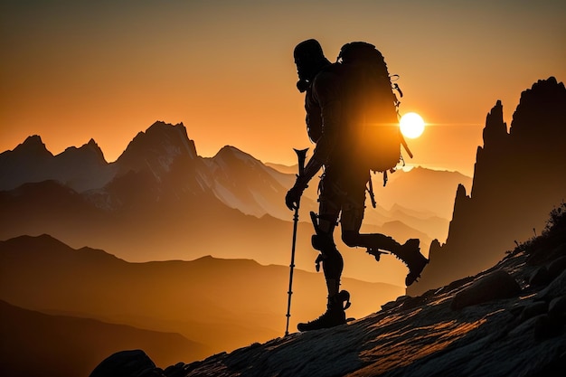 Silhouette de grimpeur prothésiste sur une falaise au coucher du soleil Personnes actives handicapées illustration générative ai