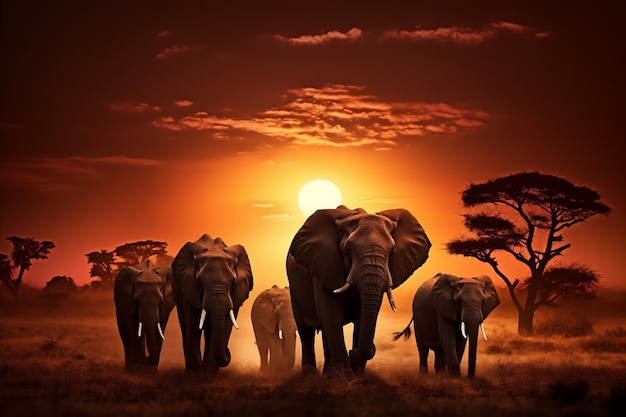 silhouette d'un groupe d'éléphants marchant dans la savane africaine au coucher du soleil avec le soleil géant