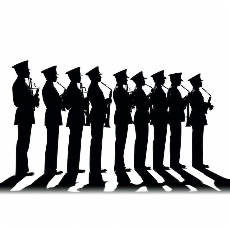 Photo silhouette d'un groupe d'hommes en uniforme jouant d'instruments génératifs ai