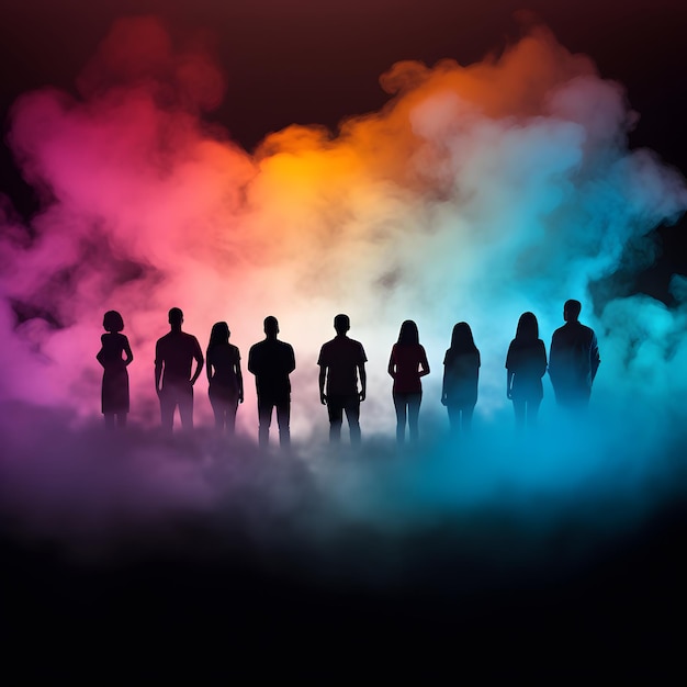 silhouette d'un groupe de personnes dans un nuage coloré