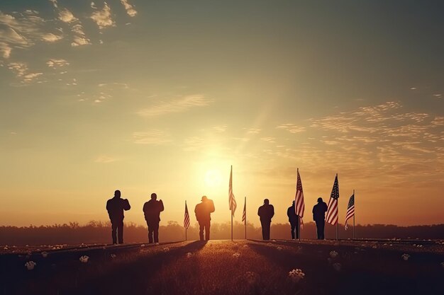 Silhouette d'un groupe de personnes debout dans un champ avec des drapeaux américains