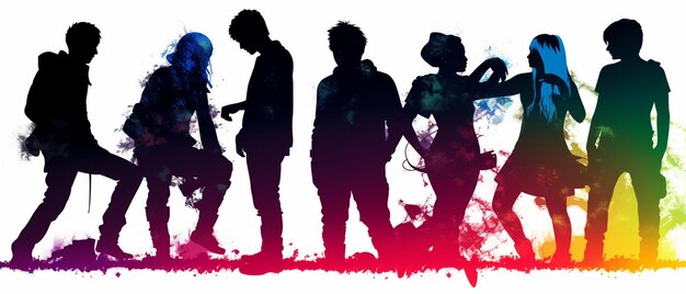 silhouette d'un groupe de personnes debout dans une ligne avec de la peinture colorée générative ai