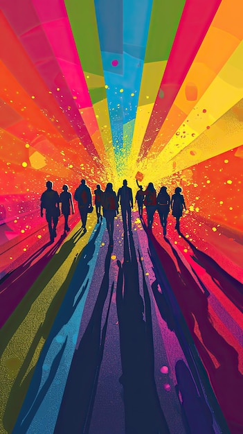 silhouette d'un groupe de personnes sur un fond de couleurs de l'arc-en-ciel droits LGBT verticale