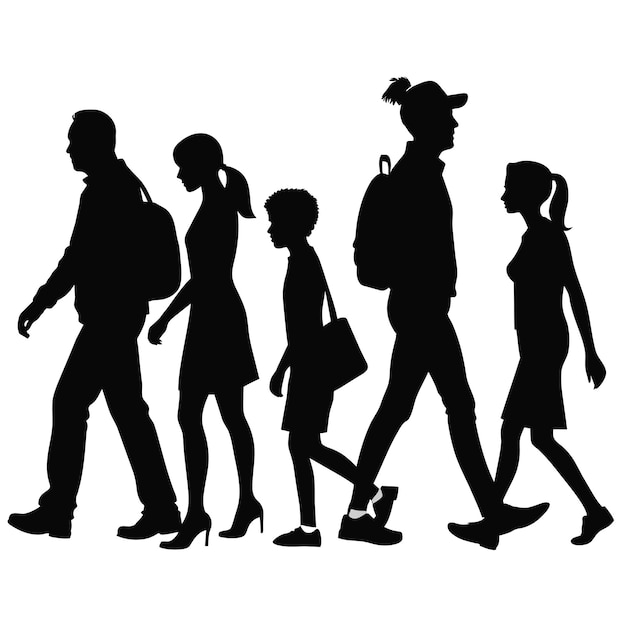 Photo silhouette d'un groupe de personnes marchant sur un fond blanc