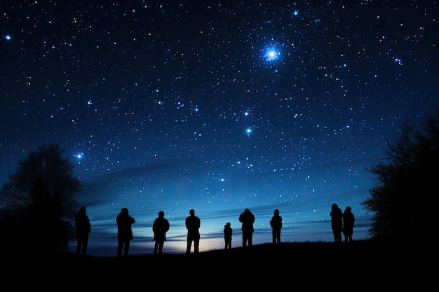Silhouette d'un groupe de personnes regardant le ciel étoilé Silhouettes de personnes observant les étoiles dans le ciel nocturne Concept d'astronomie AI généré