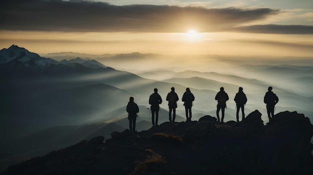 Silhouette d'un groupe de randonneurs au sommet d'une montagne au lever du soleil