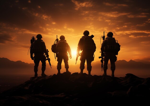 Photo silhouette d'un groupe de soldats au coucher du soleil