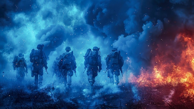 Photo silhouette d'un groupe de soldats sur un fond de fumée rouge et bleue