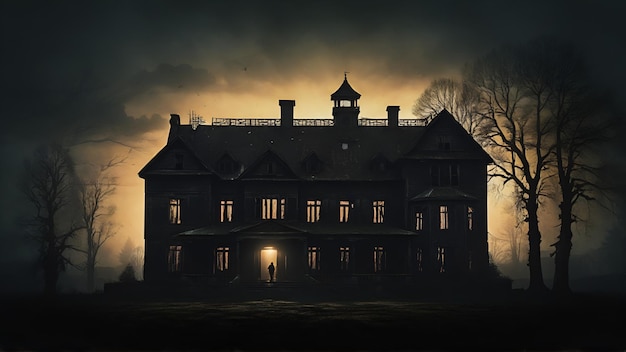 Photo la silhouette hantée de la maison dans les bois