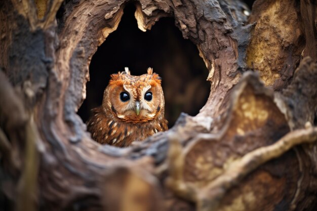 La silhouette d'un hibou tawny dans le creux d'un arbre