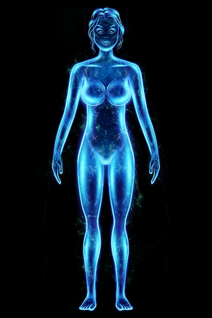 Silhouette, hologramme d'un corps féminin en bleu isolé