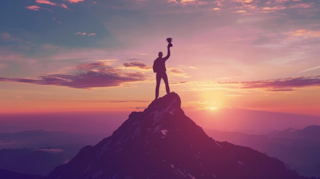 Photo silhouette d'un homme d'affaires debout sur le sommet de la montagne au lever du soleil, le fond du crépuscule avec une coupe de trophée, concept de succès et de leadership.