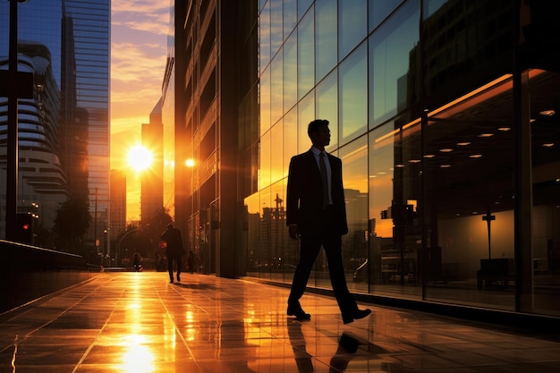 Silhouette d'un homme d'affaires marchant dans la ville au coucher du soleil Une image contemporaine d'une silhouette d'homme d'affaires générée par l'IA