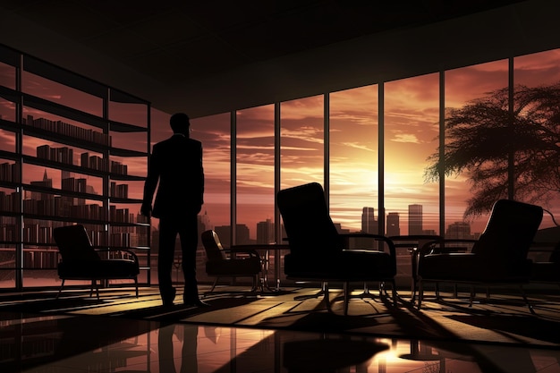 Silhouette d'un homme d'affaires pensif dans le bureau au coucher du soleil Une silhouette debout dans son bureau regardant la ville au coucher du soleil