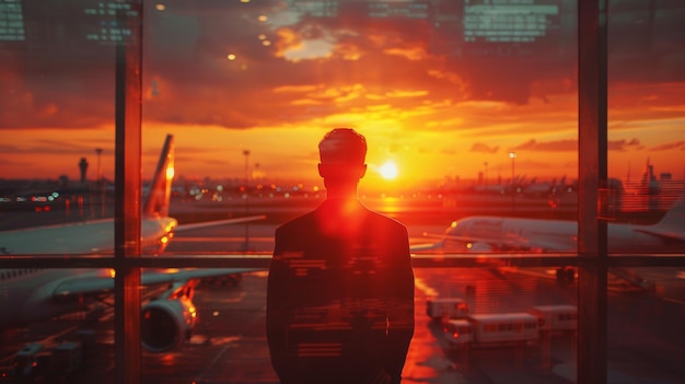 La silhouette d'un homme d'affaires regardant des avions sur la piste contre un ciel de coucher de soleil vibrant