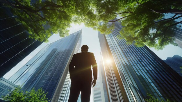 La silhouette d'un homme d'affaires regardant des gratte-ciel imposants encadrés par des cimes d'arbres verdoyants