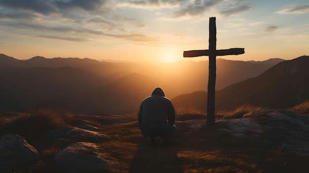 Photo silhouette d'un homme agenouillé priant à la croix de jésus sur une colline au lever du soleil