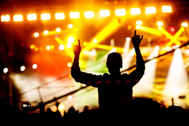 Silhouette D'homme Aux Mains Levées Sur Concert. Foule Sur Spectacle De Musique