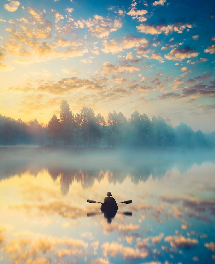 Photo silhouette d'un homme sur un bateau dans un lac contre le ciel au coucher du soleil
